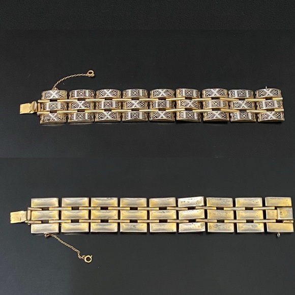 Vintage Gold-tone Damascene Art Deco 3-Row Hinged Bracelet 49g. - Picture 9 of 16